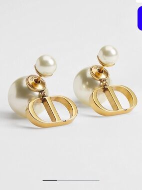 Authentic. Dior Gold-Tone Double Pearl CD Drop Earrings - Cream